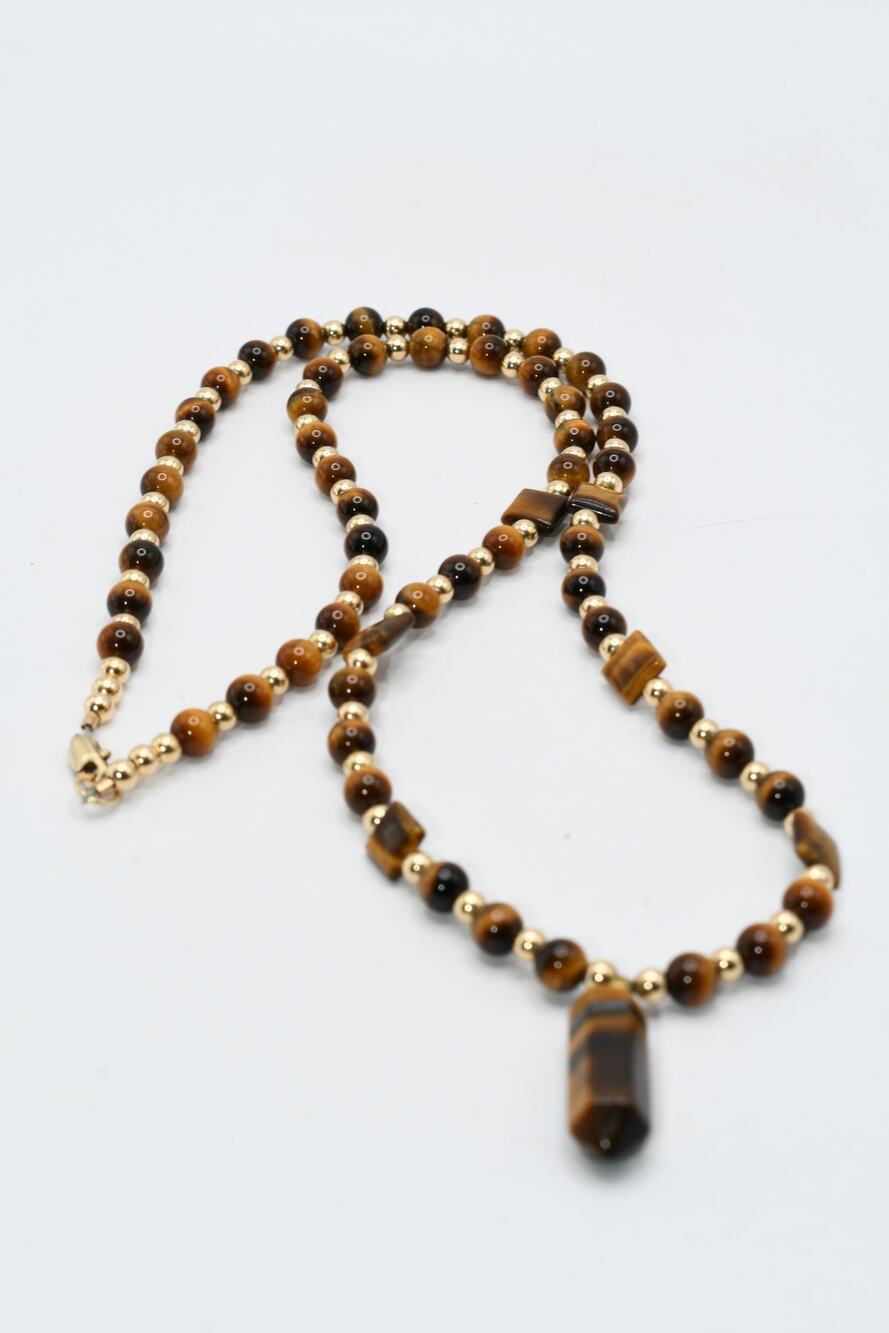 Vintage Tiger’s Eye Gemstone Necklace 24” Gold Tone Pendant Artisan Made
